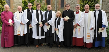 At the Service of Ordination are, from left: Bishop McMullan, Graham Nevin, Colin Welsh, Simon Genoe, Alan Irwin, Tracey McRoberts, the Rev Clifford Skillen, Bishop's Chaplain, and Archdeacons Stephen Forde, Stephen McBride and Barry Dodds.